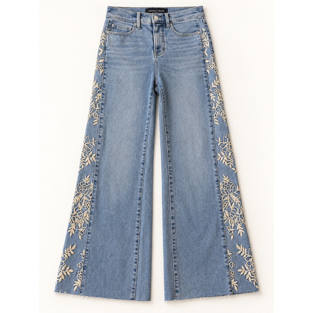 Veronica Beard Joplin Wide Flare High Rise Embroidered Jeans Silverwood Moon 26